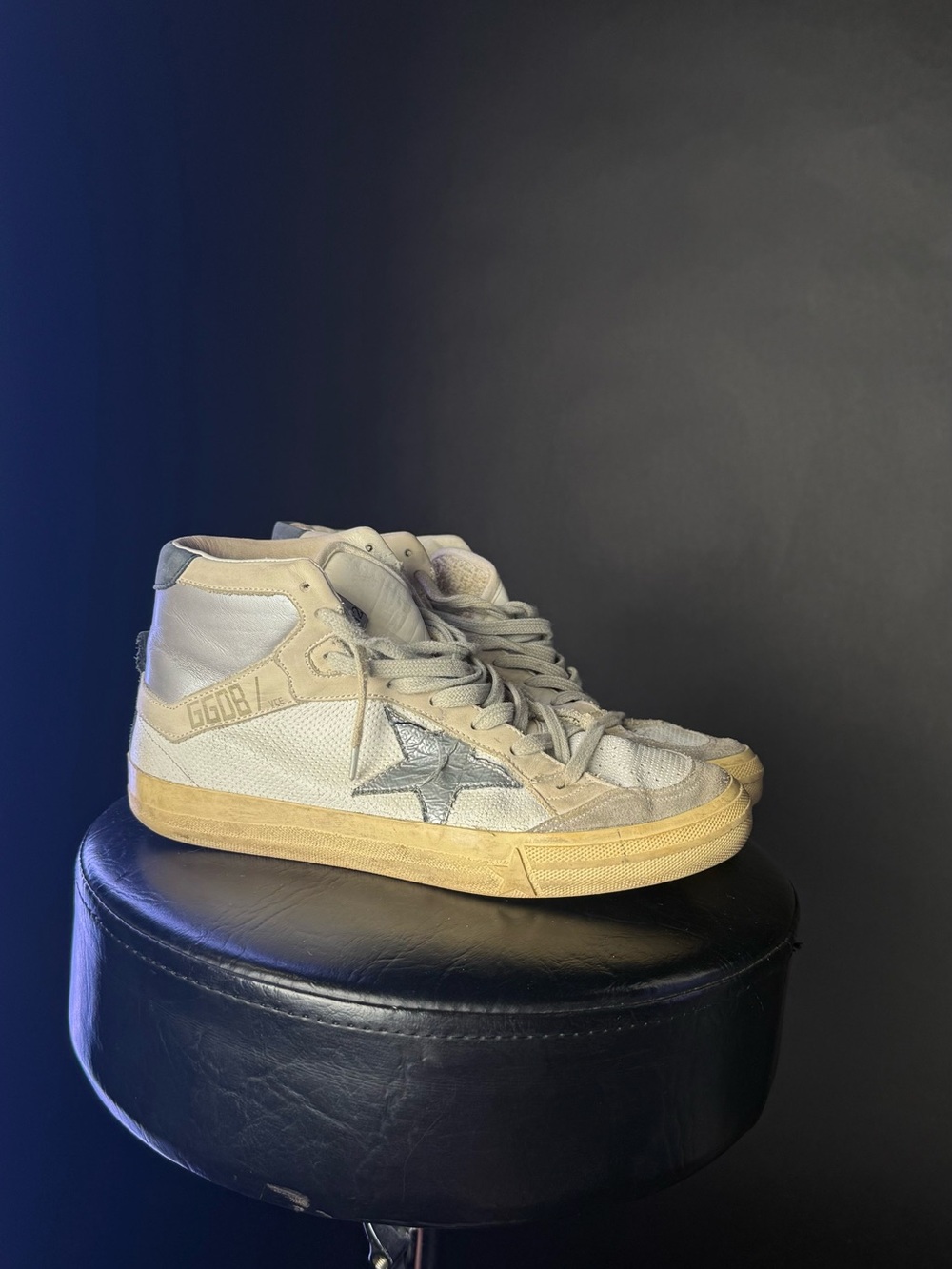 Golden Goose White High-Top Sneakers with Silver Star Accent